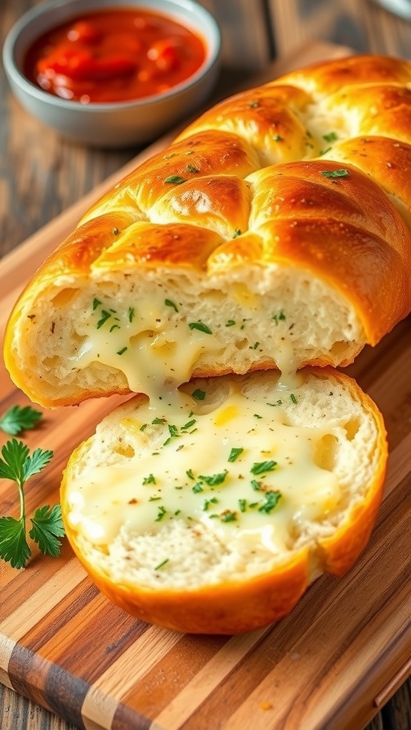 Cheesy garlic bread with melted cheese and garlic butter, garnished with parsley, on a wooden table with marinara sauce.
